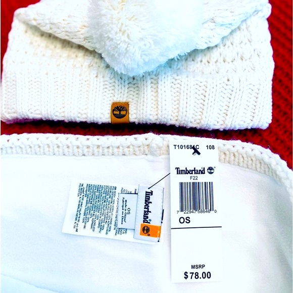 🎁Timberland Cableknit Hat w/Pompom & Snood Scarf Set, One Size, Ivory - Picture 5 of 5